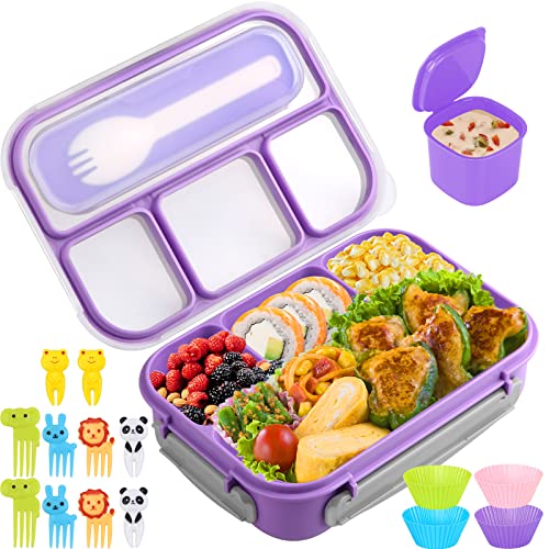 Yumuk Bento Box for Kids, 1300ML Lunch Box Kids with 4 Compartment & Food Picks Cake Cups, Lunch Box Containers for Adults/Kids/Toddler, Leak-Proof (Purple) - color: Purple