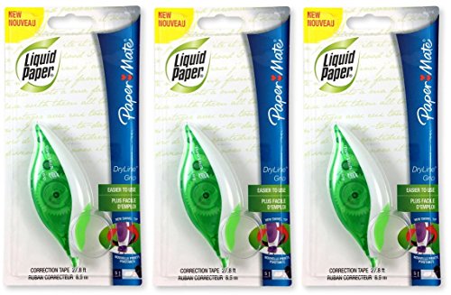 Paper Mate 660415 Liquid Paper DryLine Grip Correction Tape Dispenser, Pack of 3; Transparent Green Body; 1/5 inches Wide x 27.8 feet Long White Tape; Applies Dry, Rewrite Instantly; Swivel Tip - size: 1 Count (Pack of 3)