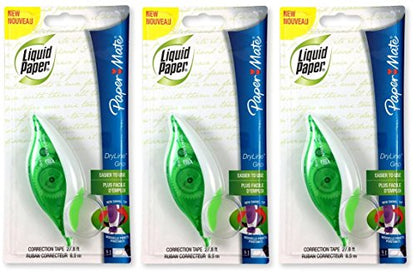 Paper Mate 660415 Liquid Paper DryLine Grip Correction Tape Dispenser, Pack of 3; Transparent Green Body; 1/5 inches Wide x 27.8 feet Long White Tape; Applies Dry, Rewrite Instantly; Swivel Tip - size: 1 Count (Pack of 3)