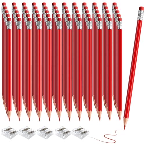 60 PCS Red Pencils Bulk Erasable Colored Pencils with Eraser Pre-Sharpened 2 HB for Checking, Grading, Tests & Office/School Supplies (Red) - color: red