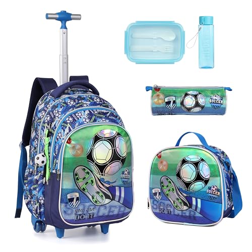 Cartoon Rolling Backpack for Boys Girls, Kids 5 Pcs Wheeled Backpack, Travel Backpack for Elementary Students (Football Blue) - color: Football Blue
