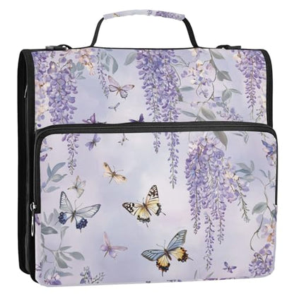 Purple Butterflies and Lavender Zipper Binder 3 Ring 1.5 Inch School Binder Organizer with Shoulder Strap Handle File Folder Pockets Large Capacity Students Girl Boy Men Office Work - color: Purple Butterflies and Lavender