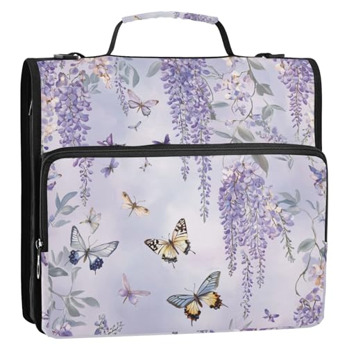 Purple Butterflies and Lavender Zipper Binder 3 Ring 1.5 Inch School Binder Organizer with Shoulder Strap Handle File Folder Pockets Large Capacity Students Girl Boy Men Office Work - color: Purple Butterflies and Lavender