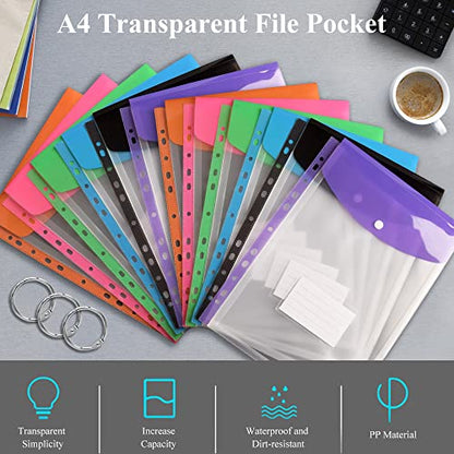 12 Pack Plastic Envelopes Binder Pocket 11 Holes Expandable Binder Folders for 2/3/4 Ring Document Pouch with Snap Button & Label Loose-Leaf Transparent for School Home Office (Vertical-Opening)