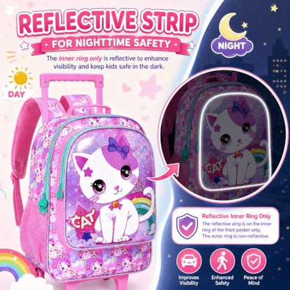 AGSDON 3PCS Kids Rolling Backpack, Girls Roller Wheels Bookbag, Wheeled Elementary School Bag with Lunch Bag - White Cat - color: White Cat Roller