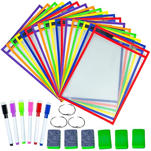 MILEKE Heavy Duty Dry Erase Pockets, Rewritable Dry Erase Sleeves for School and Work, Clear workSheet Protectors, 10" x 13.5" Plastic Ticket Holders, 6 Colors Assorted, Pack of 18 - size: 18pcs+marker+eraser+ring