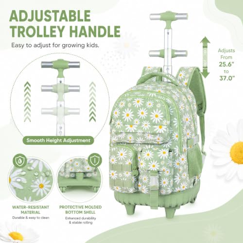 WZLVO 3PCS Roller Backpack, Water Resistance Girls Rolling Bookbag with Wheels, Women Aesthetic Wheeled School Bag, Set with Lunch Bag & Pencil Bag for Teens & Kids - Green Chrysanthemum - color: 3pcs Girls Rolling Backpack - Green Chrysanthemum