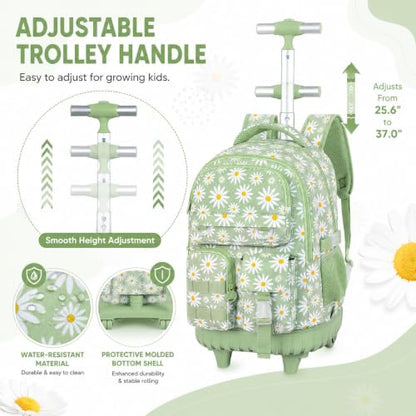 WZLVO 3PCS Roller Backpack, Water Resistance Girls Rolling Bookbag with Wheels, Women Aesthetic Wheeled School Bag, Set with Lunch Bag & Pencil Bag for Teens & Kids - Green Chrysanthemum - color: 3pcs Girls Rolling Backpack - Green Chrysanthemum