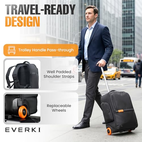 EVERKI 123 Wheeled 32L Laptop Backpack - Rolling Backpack for Men & Women - Carry-On Travel Roller Backpack for Laptops - Fits 15.6 to 16 Inches with Replaceable Wheels for Business & Work - Black - size: Wheeled 123 Laptop Backpack - 32L