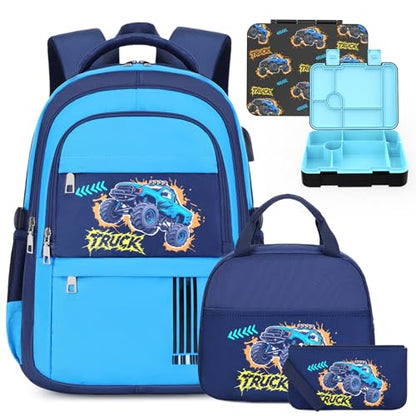 ACESAK Boys Backpack - Off-road Vehicle Bento Box with Insulated Lunch Bag Pencil Case & Utensils Set for Kids, 6 Leakproof Compartments Removable Tray Lunches or Snack Container - color: Blue Vehicle