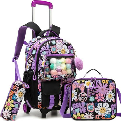 Cute Rolling Backpacks with Wheels for Girls Aesthetic Rolling Backpack for Elementary with Lunch Box School Trolley Backpack for Girls School Supplies - color: Black Flower
