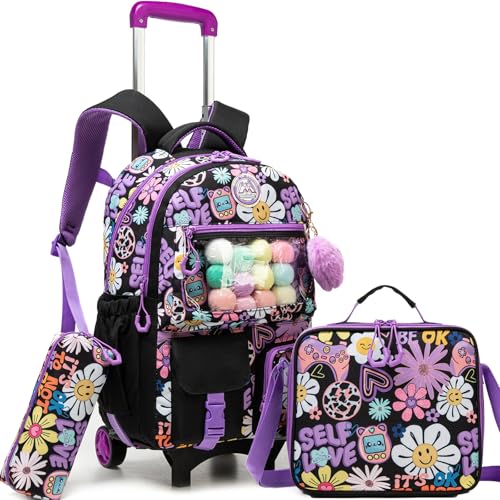 Cute Rolling Backpacks with Wheels for Girls Aesthetic Rolling Backpack for Elementary with Lunch Box School Trolley Backpack for Girls School Supplies - color: Black Flower