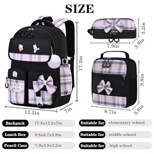 NSEQB Girls Backpack,Kids School Backpack With Lunch Box Pencil Case Set,Cute Childrens Schoolbag For Girls - color: Black-3PCS