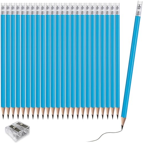 Adhere 25pcs Woodcase Pencils with Eraser Premium Pre-Sharpened Hexagon Graphite 2B pencils ideal for home, office writing including a Free Sharpener - color: Light Blue・25pcs