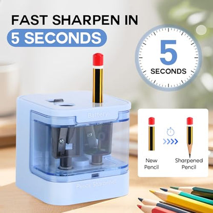 Eagle Electric Pencil Sharpener, Dual Holes, Battery Powered for School/Office/Art, 5s Fast Sharpening, Portable w/Large Shaving Tray & Replaceable Blades, for 6-12 mm Pencils(Blue) - color: Blue