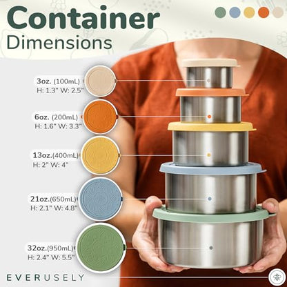 Stainless Steel Food Containers, Metal Lunch Boxes, Set of 5, Muted | Everusely lunch containers feature colorful lids and offer durable utility for snacks, meal prep, and food storage. - color: Muted