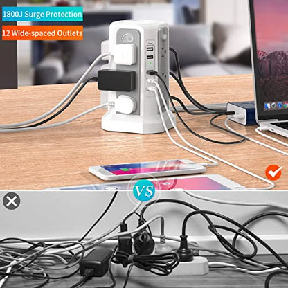 PASSUS Surge Protector Power Strip with USB C Port,10FT Extension Cord with 12 AC Outlets, Power Strips with Surge Protection for Home Office DormRoom - style: Gray White-2PC-4A1C