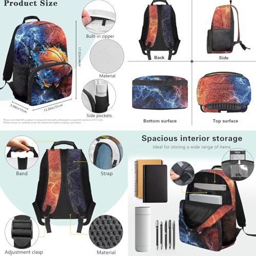 Flaming Basketball Print Backpack Set, 4 PCS Daily School Bag with Lunch Box, Pencil Case and Water Bottle Cover, for Elementary Students Ages 9-12 Outdoor Travel - color: Flaming Basketball Print