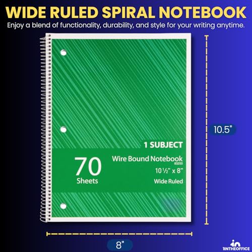 1InTheOffice Spiral Notebook College Ruled, One Subject Spiral Notebook, Spiral Bound Notebook, 10.5" x 8", 3-Hole Punched, 70 Sheets, Assorted Colors, 3 Pack