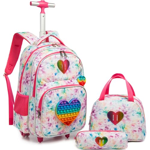 Meetbelify Rolling Backpack for Girls Wheels Backpacks for Elementary Student Kids Wheeled Trolley Trip Luggage for Teen Girls with Lunch Box Pencil Case - color: 01 Love