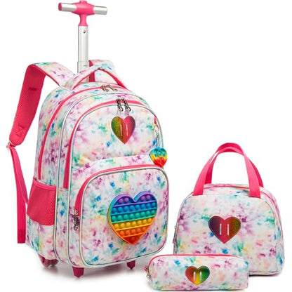 Meetbelify Rolling Backpack for Girls Wheels Backpacks for Elementary Student Kids Wheeled Trolley Trip Luggage for Teen Girls with Lunch Box Pencil Case - color: 01 Love