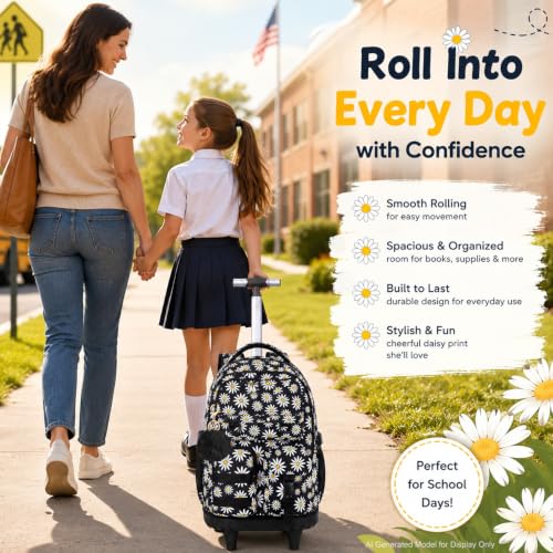 WZLVO 3PCS Wheeled Backpack, Water Resistance Girls Roller Bookbag with Wheels, Women Aesthetic Rolling School Bag Set with Lunch Bag & Pencil Bag for Teens & Kids - Black Chrysanthemum - color: 3pcs Girls Rolling Backpack - Black Chrysanthemum
