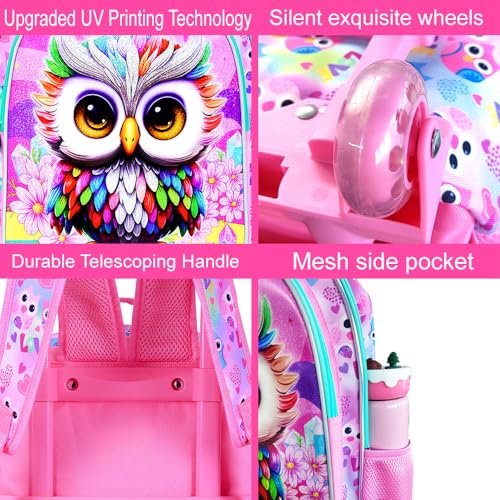 HPJGD 3PCS Owl Rolling Backpack for Girls, Kids School Backpacks with Wheels, Water Resistant UV Printed Roller Wheeled Bookbag Set - color: Glittering UV Priting Owl Pink Rolling Backpack