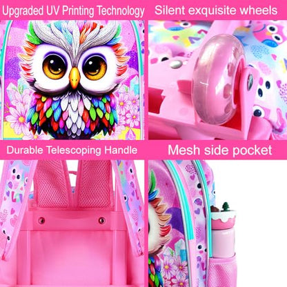 HPJGD 3PCS Owl Rolling Backpack for Girls, Kids School Backpacks with Wheels, Water Resistant UV Printed Roller Wheeled Bookbag Set - color: Glittering UV Priting Owl Pink Rolling Backpack