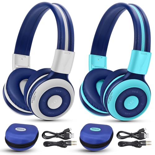 SIMOLIO 2 Pack Kids Bluetooth Headphones with Share Port, 75/85/94dB Volume Limit for Toddler Teens, Wireless Headsets with USB C Charging, Foldable Headphone w/HD Mic for School Airplane iPad PC - color: Mint&Grey