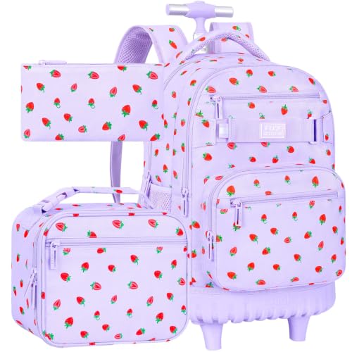 3Pcs Rolling Backpack for Girls, School Roller Bookbag with Wheels, Strawberry Wheeled Backpacks Set for Women (Purple) - color: Purple Strawberry