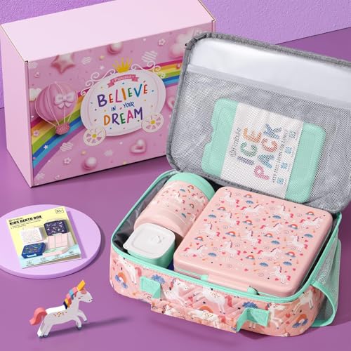 Fimibuke Kids Bento Snack Lunch Box with 4 Compartments, Insulated lunch Bag, Stainless Steel Thermo Food Jar, Ice Pack & Utensils, Unicorn Birthday Gifts for Age 3-12 Back to School Toddler Girl Boy | Lunch Box Kids with 4 Compartment, Food Jar, Ice Pack
