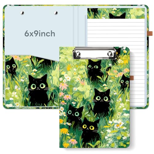 A5 Clipboard Folio 6x9in Refillable for School, Black Cats | No-spiral reusable notepad portfolio with sturdy cardboard cover, Travel-friendly for work, school and office - color: Black Cats