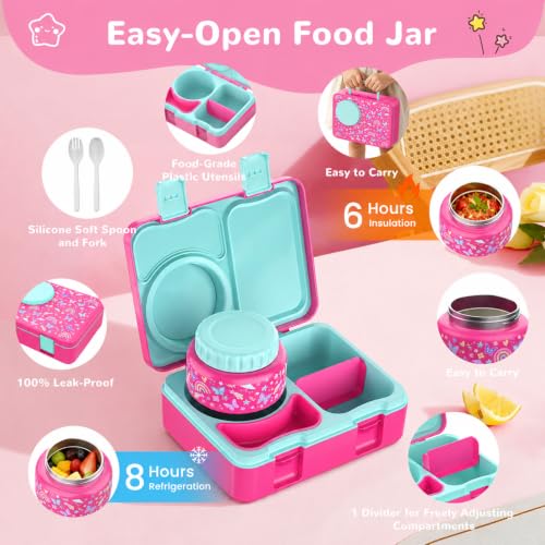 Kids Lunch Box with Thermo, Leakproof Bento Box for Kids with 8OZ Insulated Food Jar, Ice Pack, Sauce Cup, Utensils, Removable Tray & Dividers for School Daycare Travel (Rainbow butterflies) - color: Rainbow butterflies