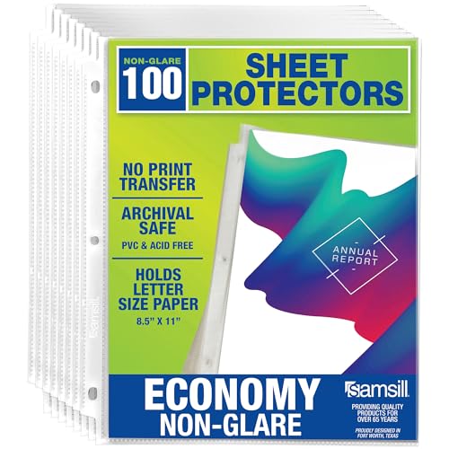 Samsill 100 Pack Sheet Protectors, 8.5x11 Inch Page Protectors for 3 Ring Binder, Standard Weight, Non-Glare Protector, Letter Size, Top Loading, Acid Free - color: Non-glare, size: 100-Pack