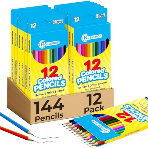 Rosmonde 12 Pack Colored Pencils (144 Count), Assorted Pre Sharpened Colors Set, Easy Hold Grip, Classroom Art Supplies, Bulk Coloring Set for Schools, Teachers, Drawing & Creative Projects - style: 12 Pack | 144 Pencils