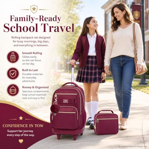HPJGD 3PCS Girls Rolling Bookbag, Womens Wine Red School Backpacks with Wheels, Water Resistant Roller Kids Wheeled Bookbag Set - color: Classic Wine Red Rolling Backpack Set
