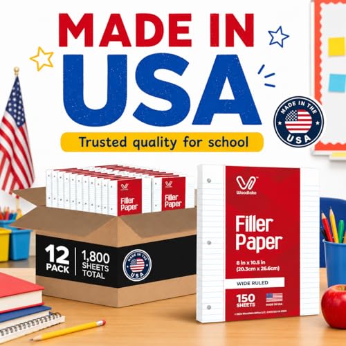 Woodlake Loose Leaf Paper Bulk, Wide Ruled Notebook Paper, 8 x 10.5 Inch Filler Paper, 3-Hole Punched Lined Binder Paper, 60 GSM, 150 Sheets/Pack, 1,800 Sheets Total, Made in USA for School & Office - color: Wide Ruled, size: 12 PACK(1800 SHEETS)