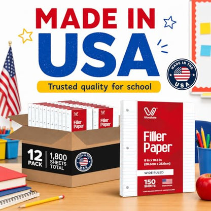 Woodlake Loose Leaf Paper Bulk, Wide Ruled Notebook Paper, 8 x 10.5 Inch Filler Paper, 3-Hole Punched Lined Binder Paper, 60 GSM, 150 Sheets/Pack, 1,800 Sheets Total, Made in USA for School & Office - color: Wide Ruled, size: 12 PACK(1800 SHEETS)