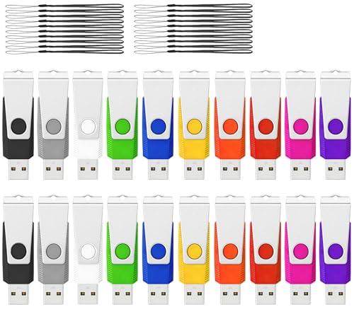 USB Flash Drive 2GB Flash Drives 20 Pack, AGECASH USB 2.0 Thumb Drive 20 Pack Swivel Pendrive Memory Stick Zip Jump Drives Multipack with 20PCS Black Lanyards (Colorful, 2GB) - color: 20PCS-2.0-Color, size: 2GB
