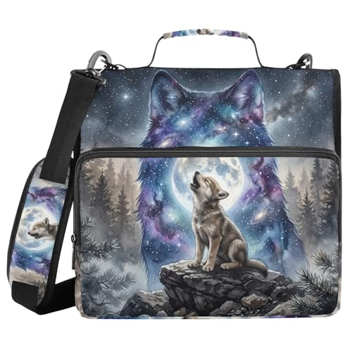 Wolf Moon Print 3 Ring Zipper Binder with Shoulder Strap & Handle 2 Inch D-Ring Zippered Binder Bag with Multiple Pocket & Pencil Pouch, Binder Organizer for School or Office - color: Wolf Moon Dark Blue