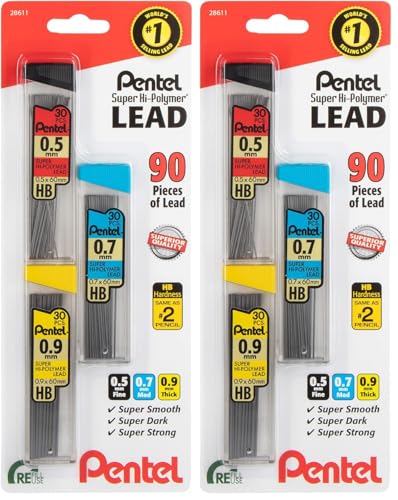 Pentel Super Hi-Polymer Mechanical Pencil Lead Refill - 0.5mm, 0.7mm, 0.9mm - 90 Lead refills (30 of Each Size) (Pack of 2) - size: 90 Count (Pack of 2)