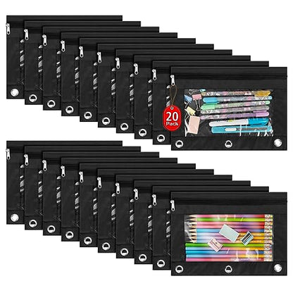 IKAYAS 20 Pack Black Pencil Pouch for 3 Ring Binder Colorful Pencil Pouch with Zipper Bulk, 3 Ring Binder Pencil Pouches Pencil Case Pencil Bags for Classroom Storing School Teacher Supplies