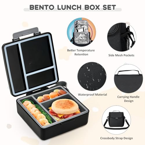 Pawtong Lunch Box Set with Bento Box Container, 17OZ Stainless Steel Food Soup Thermo, Kids Water Bottle & Portable Insulated Lunch Bag – Leakproof, Hot/Cold Retention for School, Travel (Black) - color: Black