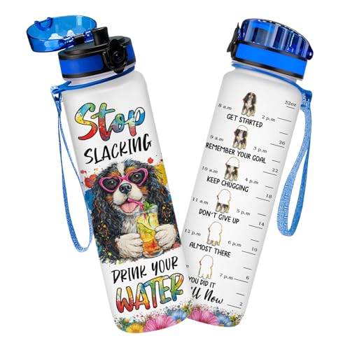 Cavalier King Charles Spaniel Motivational Time Marker Water Bottle 32oz, Flip Lid Carry Strap, Plastic Sports Travel Hydration Tracker, Gifts Birthday - color: White colorfull