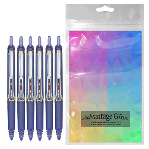 Precise V5 RT Retractable Rolling Ball Pens, Extra Fine Point (.5mm), Blue Ink, 6-pk; Premium Comfort Grip, Bundle with Plastic Reusable Pouch - color: Blue, size: 1 Count (Pack of 6)