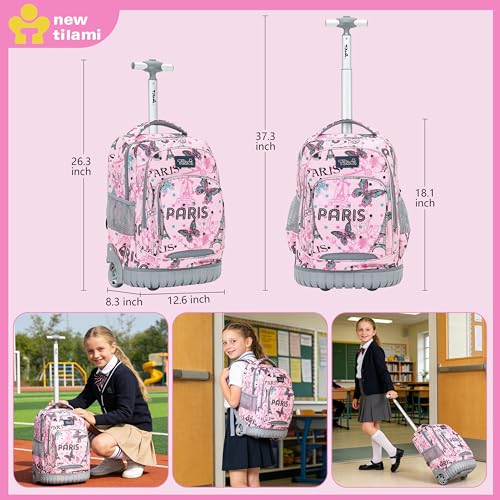 NEW TILAMI Rolling Backpack for Kids 18 Inch Wheeled Laptop Backpack Kids School Travel - color: Pink Paris