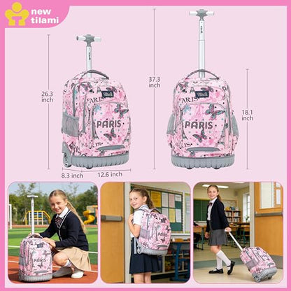 NEW TILAMI Rolling Backpack for Kids 18 Inch Wheeled Laptop Backpack Kids School Travel - color: Pink Paris
