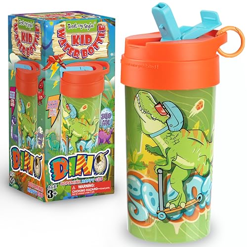 17oz Dinosaur Kids Water Bottle, Toddler Spout Cover and Carry Handle Lid Leak Proof BPA free Cup for Boys Ages 3+ Dishwasher Safe for Sports School Travel Plastic with Silicon Straw