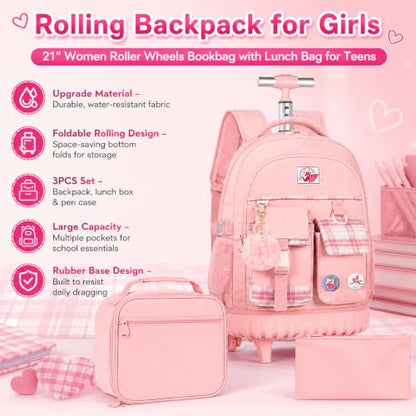 gxtvo 3PCS Rolling Backpack for Girls, Women Wheeled Bookbag with Lunch Box for Adults, Kids Water Resistant Roller School Bag for Teens Travel - Pink - color: 3pcs Set Pink