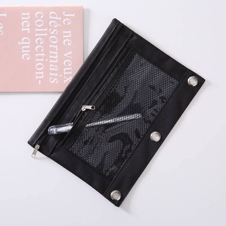 3 Ring Binder Pencil Pouchs, Zippered Pencil Pouch Double Pocket Pencil Pouch 3 Ring with Clear Mesh Window (Black 2pack) - color: Black,2 Layer